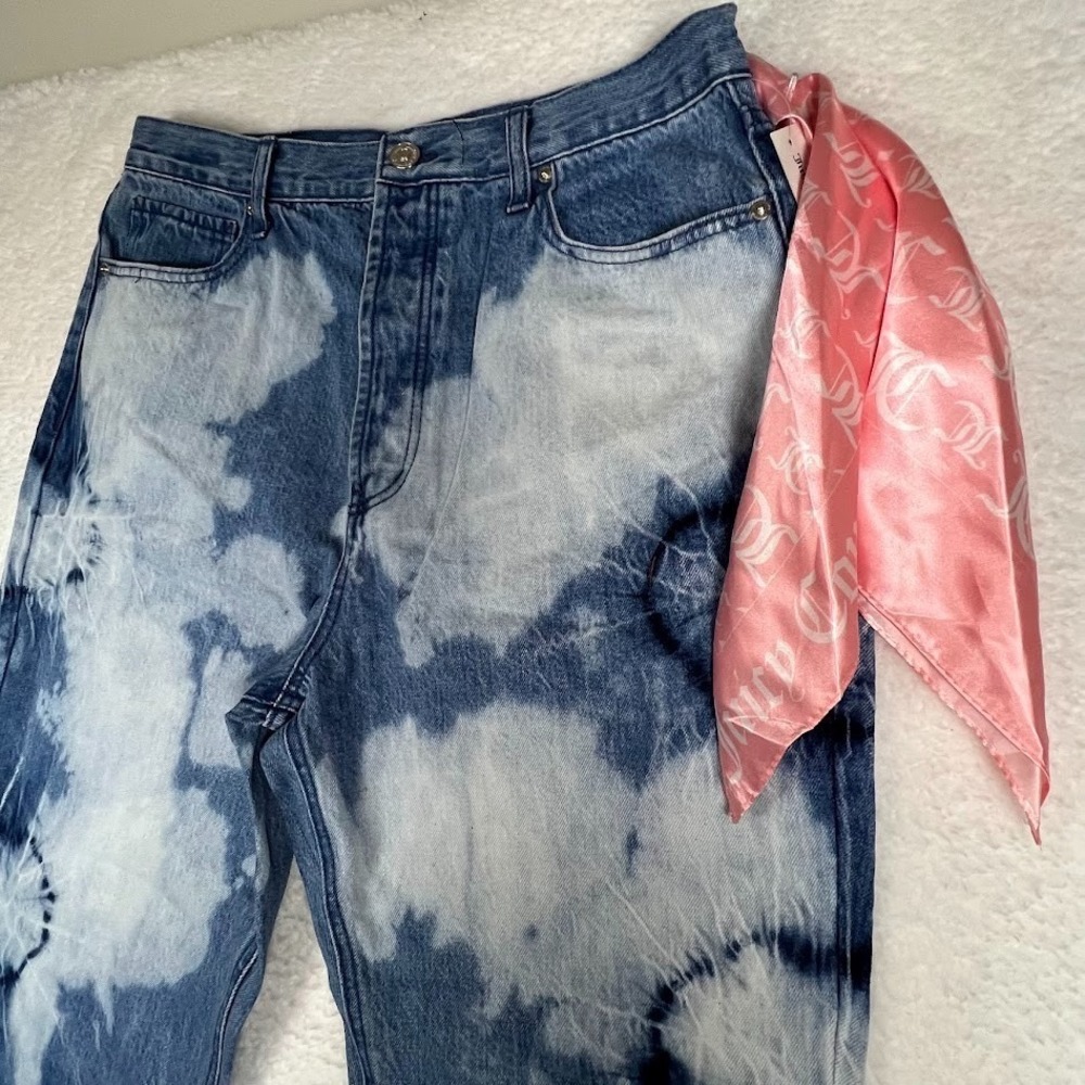 Juicy‎ Couture NWT Tie Dye Straight Leg Jeans 30 High Rise w Pink Logo Sash Y2K - Picture 2 of 12